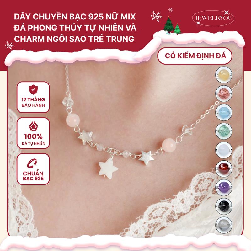 Dây chuyền bạc 925 nữ JEWELRYOU mix đá năng lượng tự nhiên thu hút tình cảm charm sao - Jew17