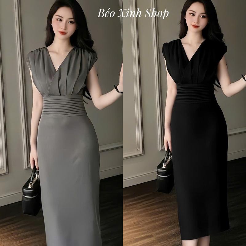 Váy Dự Tiệc Thiết Kế Phối Cổ V Xếp Ly Tiểu Thư (Vải Tuyết Mưa) Dày Dặn Cao Cấp Thanh Lịch Cho Các Nàng Bigsize 40–95kg Thời Trang Nữ Béo Xinh Shop - A.1589