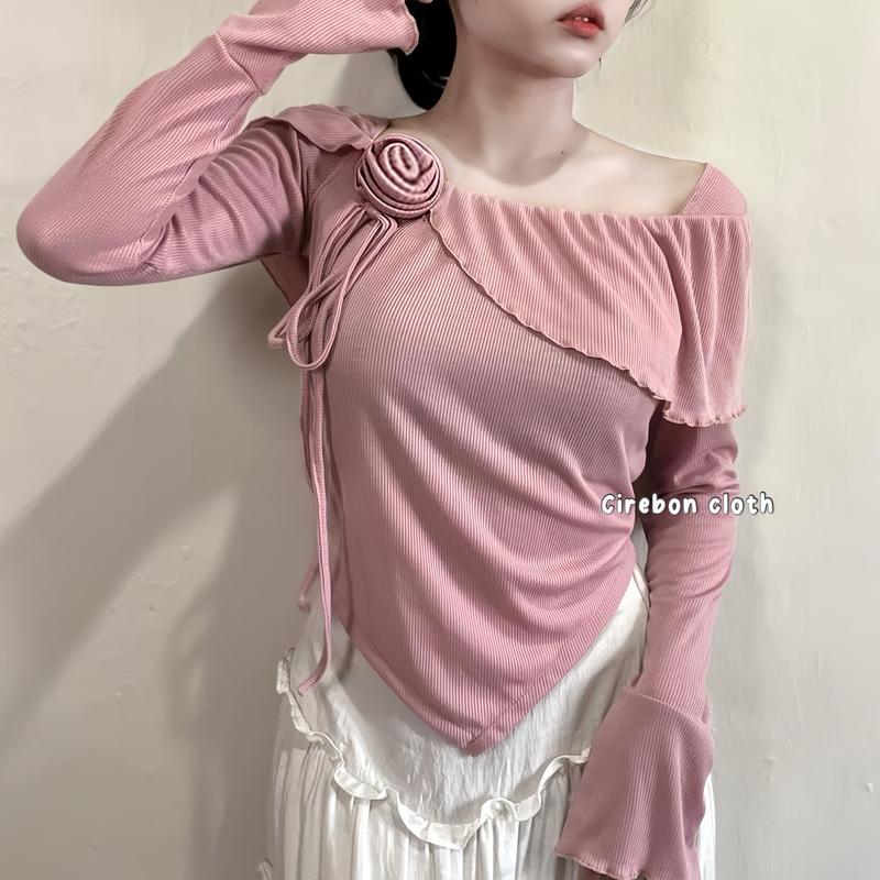 KIYANA Cirebon Cloth - Flower Top / Long Sleeve Ribbon Coquette Knit Top / Atasan Knit Lengan Panjang Wanita Knitwear Crop Cardigan Baju Tangan Kerah 2