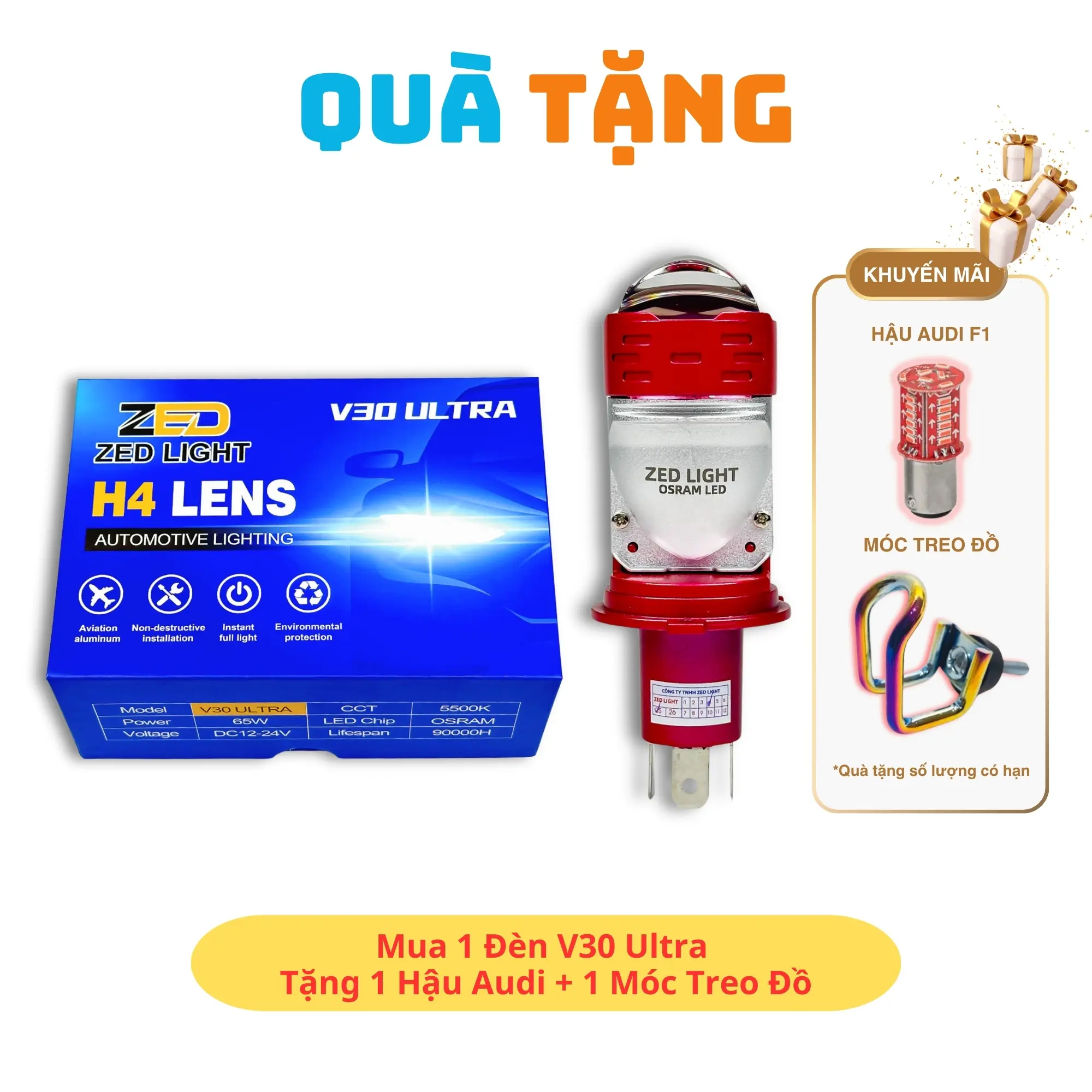 [Chuẩn Hãng ZEDLIGHT] Đèn Pha LED Bi Cầu V30 Ultra - 65W Bản Cao Cấp Trợ Pha Laser - 12 24V ĐiệnBình Chân H4 - Bảo Hành 2 Năm - Phụ Tùng ÔTô, Xe Máy