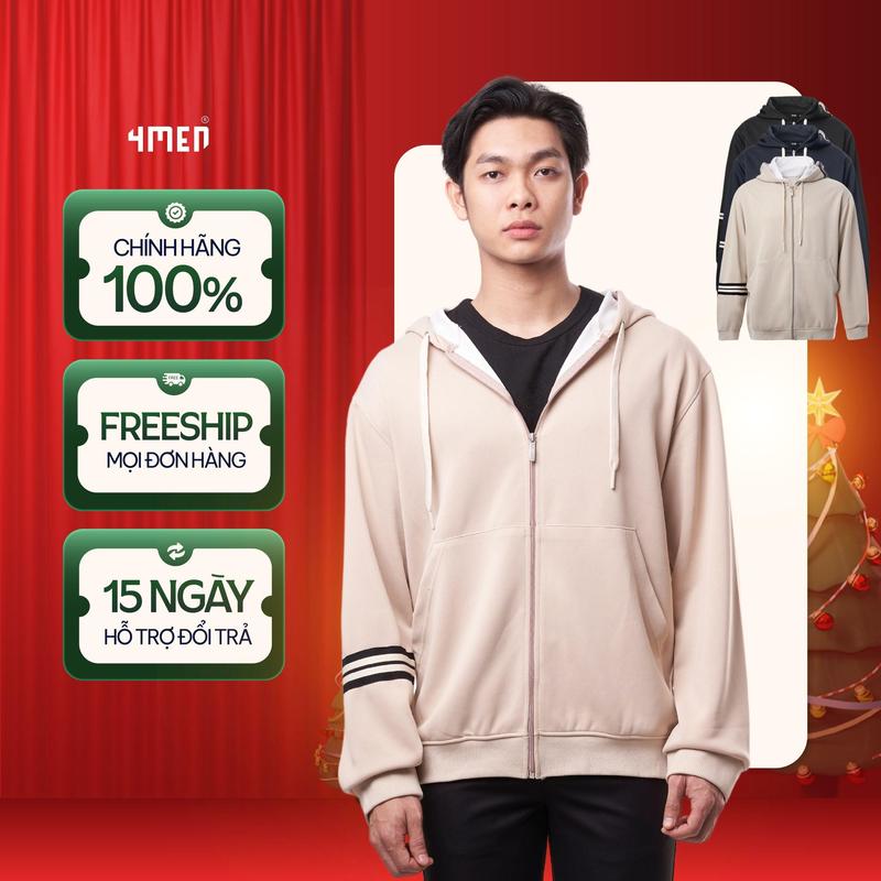 Áo Khoác Hoodie 4MEN Phối Dây Sọc Form Regular AH006 có khoá zip chất vải nỉ ép thoải mái đi chơi đi làm Menswear