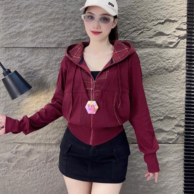 Áo khoác nữ thun gân phối caro cao cấp, Form lửng 6 túi nón to, Áo khoác chống nắng nữ - B19