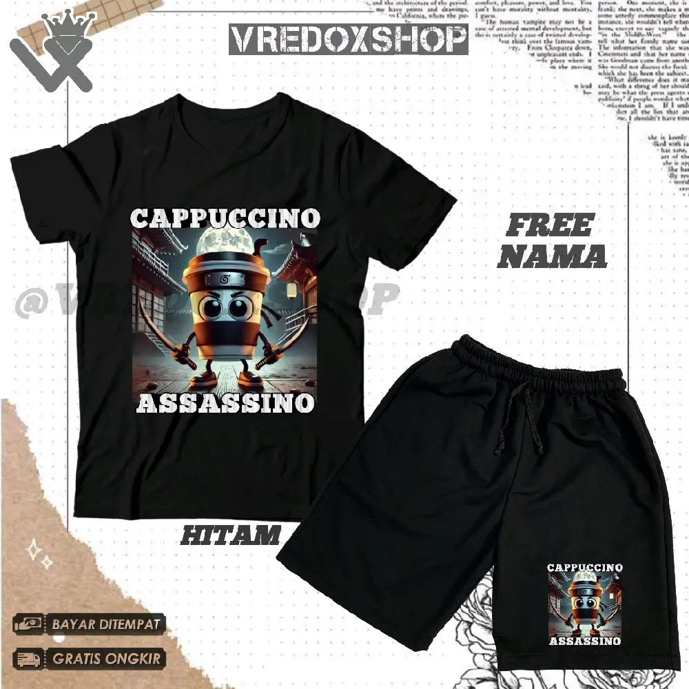 (BISA COD) Setelan Kaos Celana Pendek Anak Motif Brainrot Anomali CAPPUCINNO ASSASSINO/ Baju CAPUCINO ASASINO Anomali Viral Tiktok/ T-shirt Kids Pakaian Fashion Anak untuk Laki-laki dan Perempuan Usia 3-12 Tahun/ Free Nama