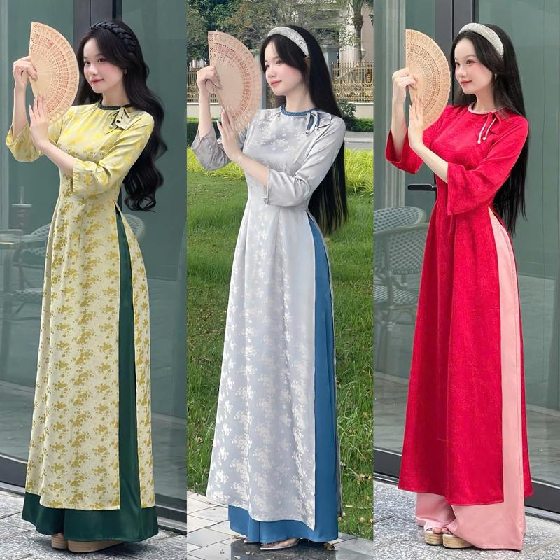  Áo dài EMME V2063 kết rết hoa Thủy Vu cổ tròn tay dài form ôm dáng dài truyền thống lụa gấm 2 da cách điệu   kèm quần lụa dáng váy   new- Thanh Tự 