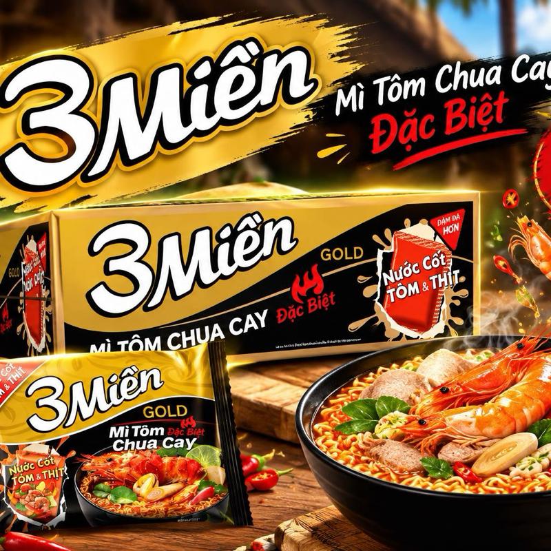 HOT! Thùng 30gói Km 2gói - Mì 3 Miền Gold Tôm chua cay đặc biệt 2x Nước cốt tôm thịt đậm đà.