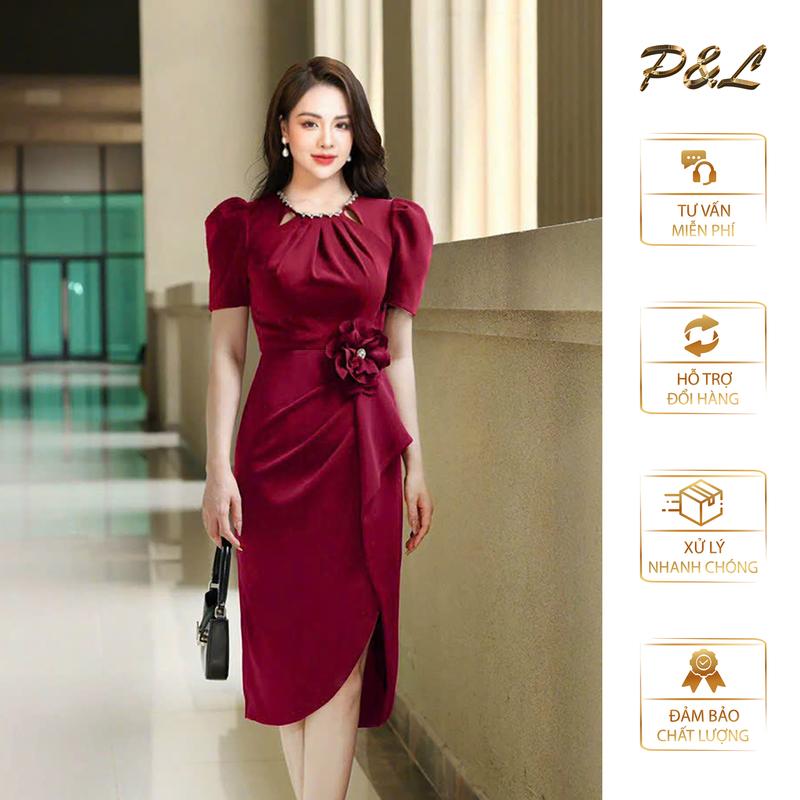 Váy Đầm Dự Tiệc Trung Niên Thiết Kế Cao Cấp Cổ Tròn Phụ Kiện Bông Eo PL07 Women Nữ Dress