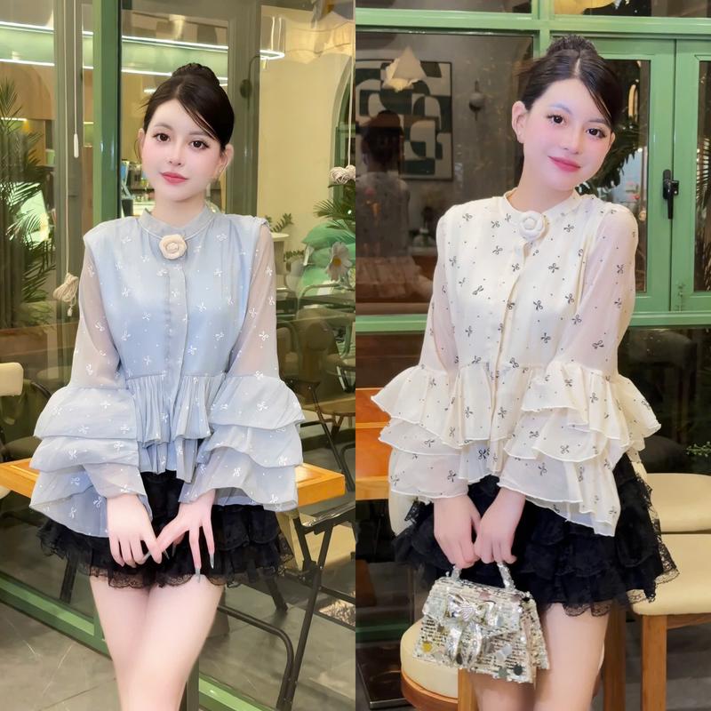 K48 Set (áo và chân váy) áo tơ tay loe dáng xuông tầng phối chân váy ren tầng