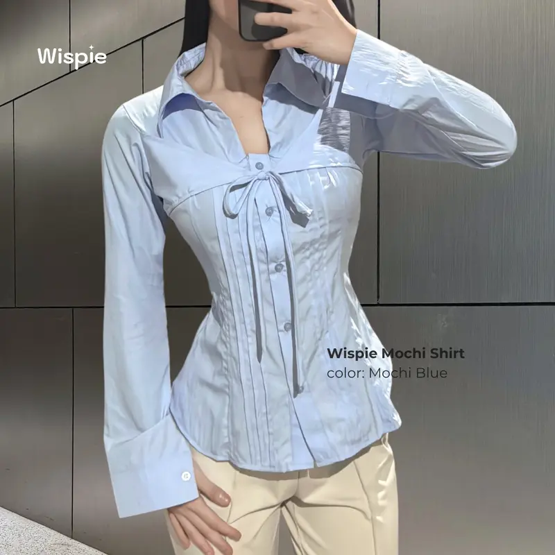 Wispie Mochi Shirt | Kemeja Wanita Lengan Panjang Tali Pita Slim Fit Soft Touch Parachute Blue Pink Cream Grey 3