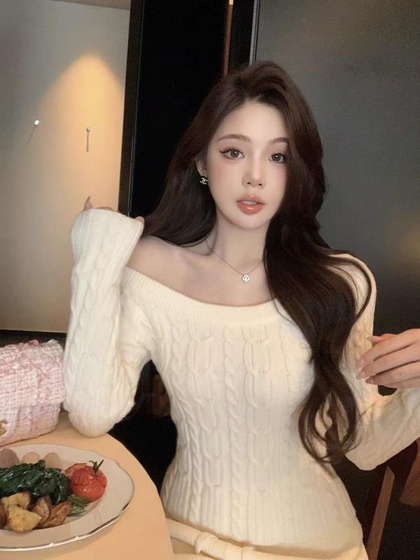  Áo Len Vai Chéo Nữ Thần Nữ Hoàng Moses Phong Cách Cổ Điển Mùa Đông,2026 Không Dây Xoắn Mỏng Vừa Vặn Áo Len Mặc Trong Joker 59808 