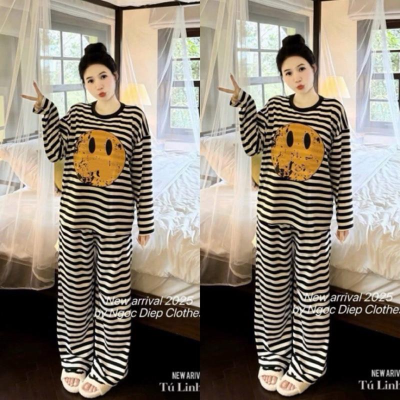  Set Bộ Nữ  Set Bộ Thun Cotton Kẻ Mặt Cười 