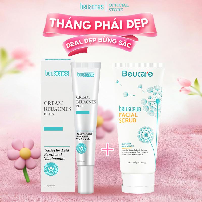 COMBO 1 BEUSCRUB Tẩy Tế Bào Chết Massage Cho Da Mặt 100g + Kem hỗ trợ giảm mụn BEUACNES 20g Skincare Làm Đẹp Da - TDTM405 vật lý tái tạo