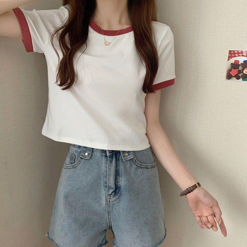 Product Introduction of Áo Lớp Nền Mùa Hè, Hàng Mới Về, Phong Cách Hàn Quốc, Ôm Sát, Ngắn, Áo Sơ Mi Học Sinh, Hợp Xu hướng, Màu Tương Phản, Cổ Tròn, Áo Thun Ngắn Tay, Dành Cho Nữ 13