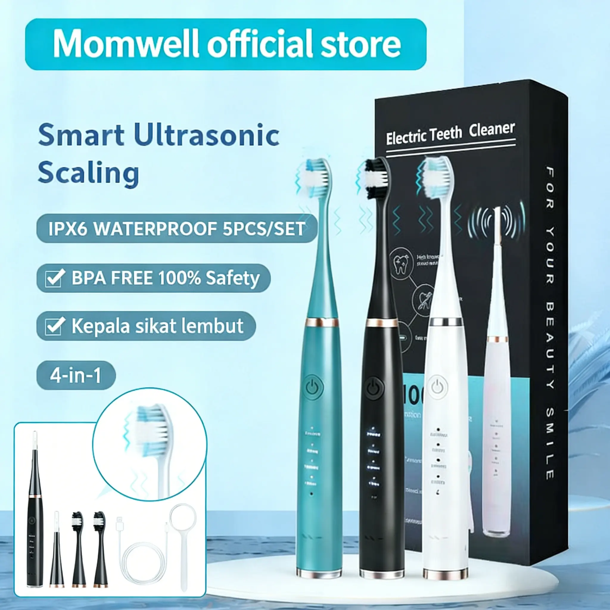 Momwell ET01 Sikat Gigi Elektrik Ultrasonic - Karang Gigi Penghilang dan Plak Gigi Pemutihan gigi