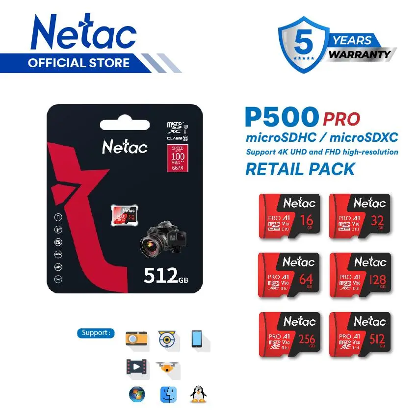 Netac MicroSD P500 Ultra / Extreme Pro MicroSDHC / MicroSDXC Card 16GB/32GB/64GB/128GB/256GB V30 A1 Class 10 up to 100MB/s Retail Pack/Retail Pack with SD Adapter