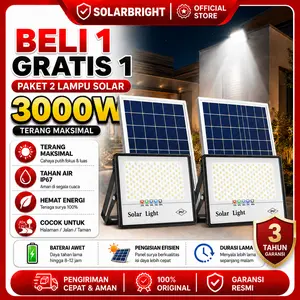 SolarBright lampu tenaga surya 24 jam lampu sorot 3000Watt Otomatis dengan Kontrol Sensor Cerdas Isi Daya Siang 6-8 Jam Cahaya Malam 30-48 Jam Tahan Air IP67 Remote Control 4 dalam 1 Kedap Air IP67