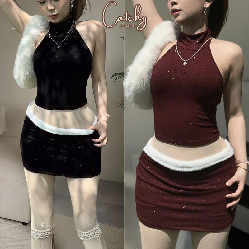  Set Áo Yếm Cổ Lọ Phối Chân Váy Ngắn Kim Tuyến Bling Sang Chảnh Dự Tiệc Borip CATCHYstore 