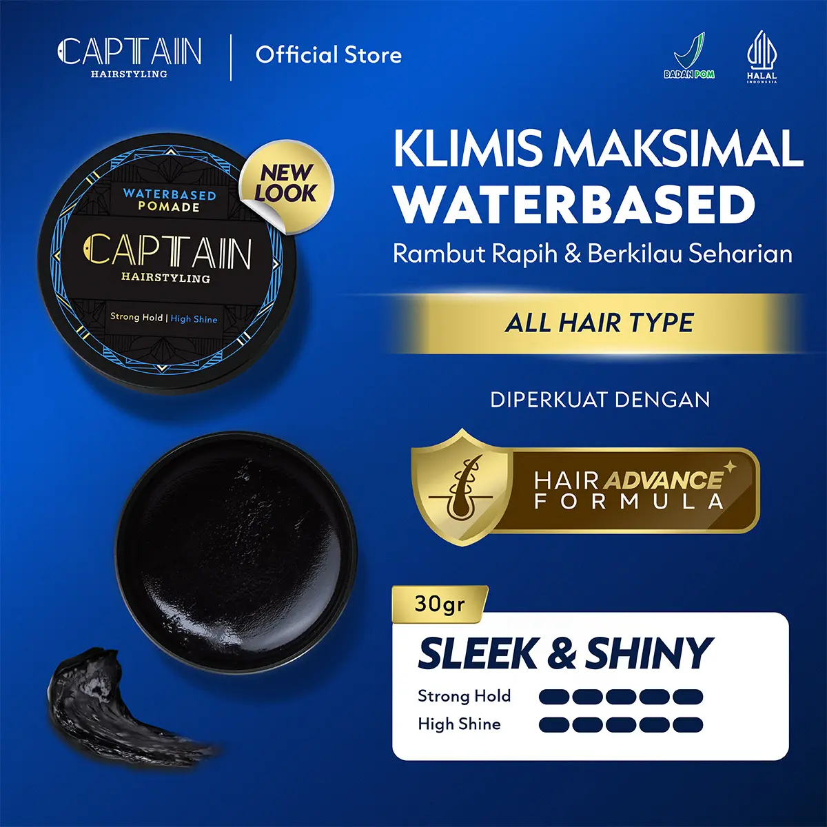 Captain Hairstyling Waterbased Pomade 30gr / Pomade Pria / Strong Hold / High Shine / Sleek & Shiny / Membuat Rambut Tampil Klimis / Kilau Tinggi / Rambut Rapih  Styling Rambut