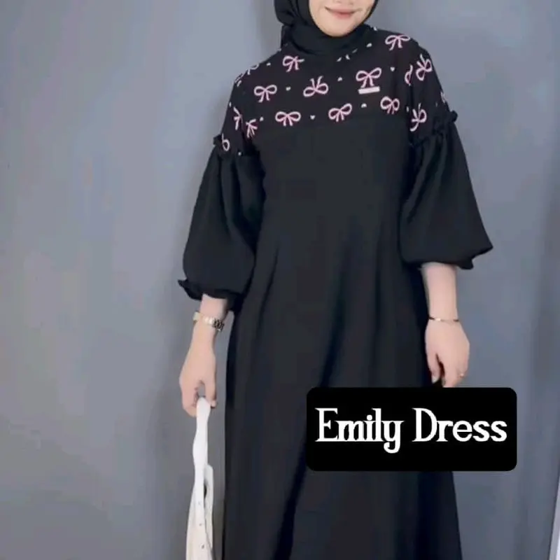 Emily Dress Series Pita Dan Rantai Kombinasi Motif Gamis Wanita Terbaru Bahan Twill Rayon Tebal Hitam 2