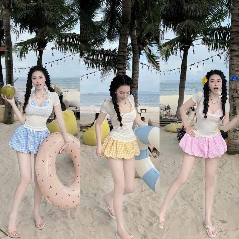 Sét 3 món áo bra có mút ngực dày dặn kèm áo tăm có tay chân váy bí 2 lớp chuẩn hình cao cấp LB37