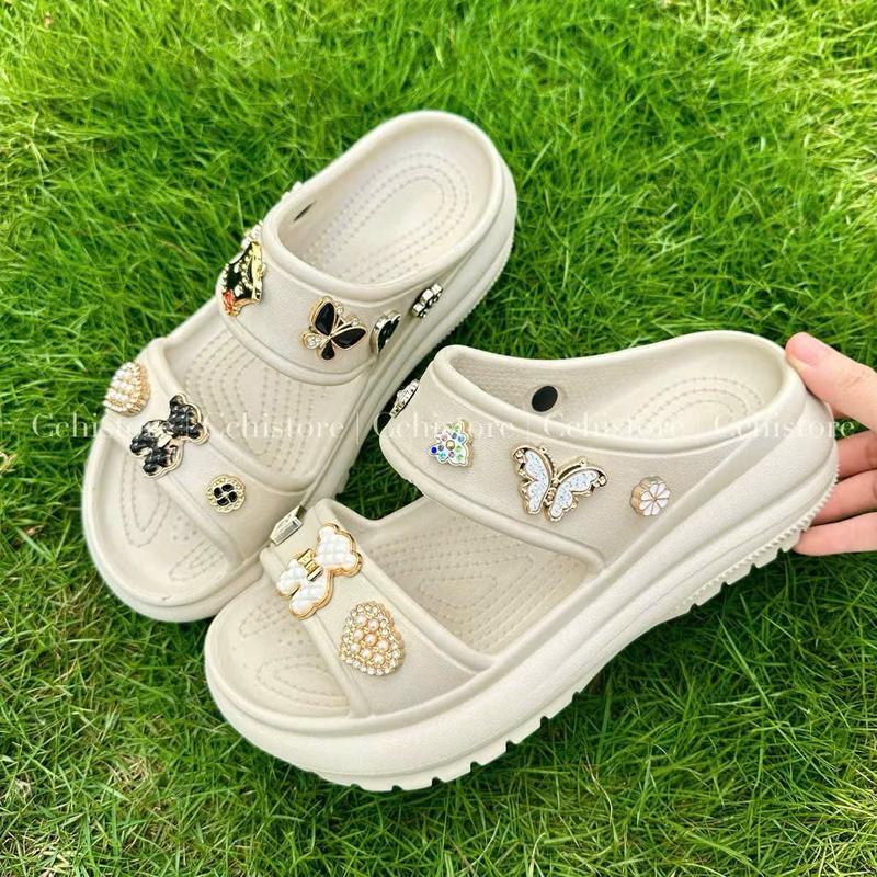 Dép cross hai quai gắn charm đá xịn sò  Dép lê nữ EVA đế cao 6cm đúc liền khối bộ charm dễ thương 