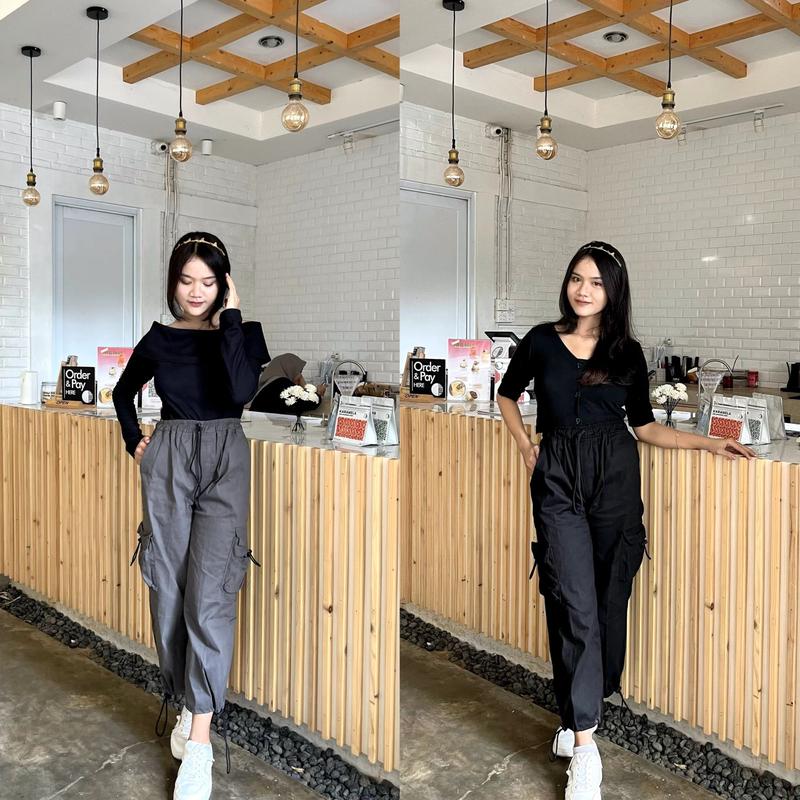 Erona_id - Celana Panjang Kiya & Rora Cargo Drill Wanita Dewasa Skena Outfit dengan Pinggang Karet dan Band Ikat Model Casual Kekinian Berbahan Drill - 5 Varian Warna Hits Terkini dan 4 Pouch/Kantong 3