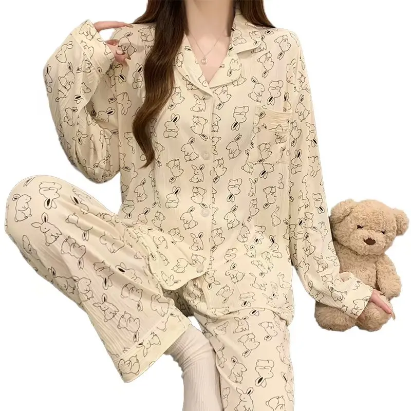 Bộ Đồ Ngủ Pijama Cho Nữ, Chất Liệu Cotton, Mềm Mại Và Dễ Thương, Cài Cúc, Nhẹ, Tay Dài, Bộ Đồ Ngủ 2 Mảnh