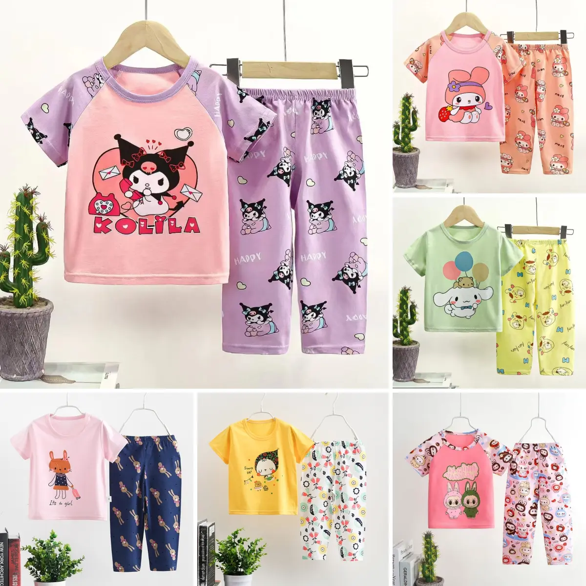 Cartoon Girls Short Sleeves & Long Pants Sleepwear Set Cute Baby Girls Cotton Pajamas For 0-5Yrs Kids