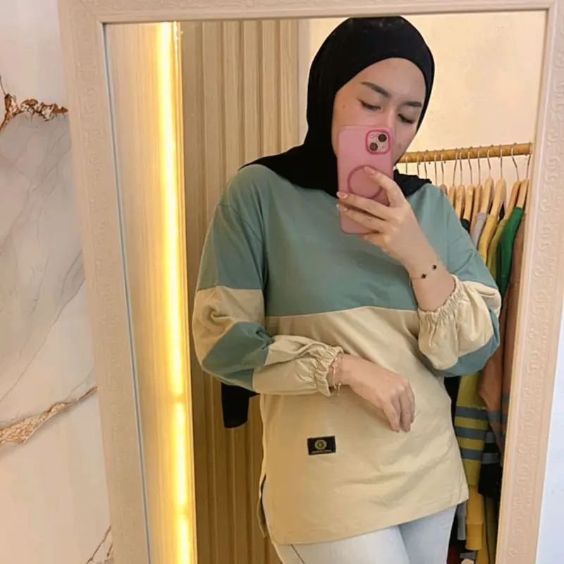 Ayessa Shop T-shirt Atasan Kaos Wanita Lengan Panjang Kerut Kombinasi Bahan katun Combeds nyaman enak dipakai 3