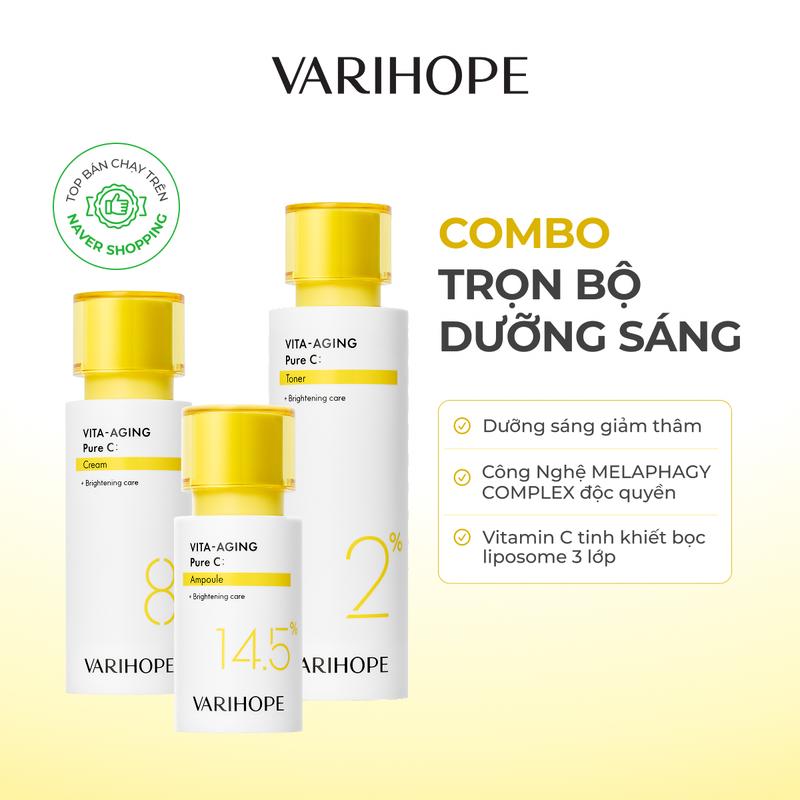 Combo Trọn Bộ Dưỡng Sáng Toner, Tinh Chất Và Kem Dưỡng Sáng Mờ Thâm Vitamin C VARIHOPE