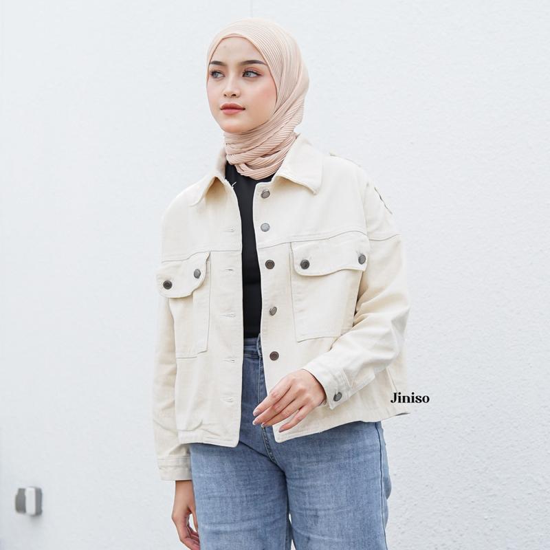 JINISO Jaket Crop Jeans Oversize Pocket Khaki 8
