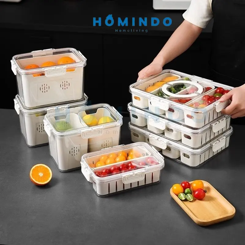 (BISA COD) HOMINDO Kotak Penyimpanan Kulkas Food Container Serbaguna dengan Saringan  Plastik Buah Cuci Sayuran Putih Wadah 3