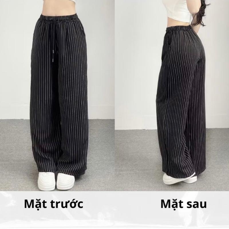 Quần dài kẻ sọc caro dáng suông ống rộng hack dáng dây điều chỉnh thoải mái phong cách năng động