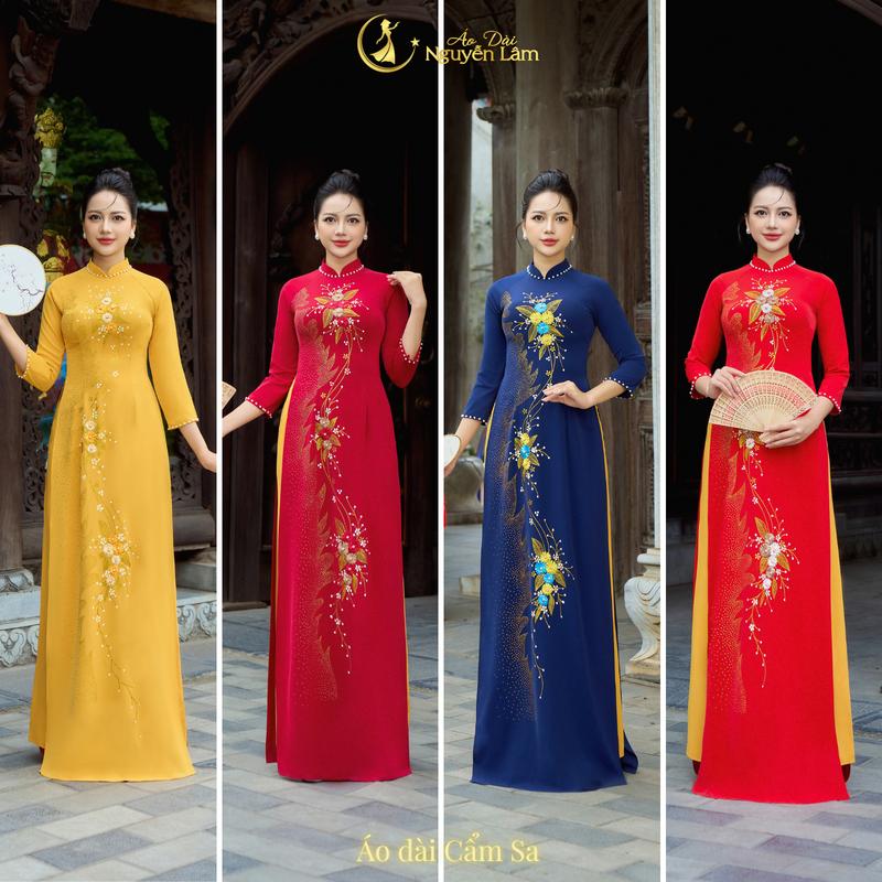 CẨM SA - Áo Dài Lụa Mỹ 6 Màu Kết Hoa Thêu Nổi 3D Đính Đá Vẽ Nhũ Thủ Công Cao Cấp - Áo Dài Nguyễn Lâm Thun Dress Nữ Women Kem