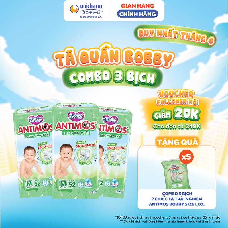 Combo 3 Tã Quần Xua Muỗi Bobby Antimos - Hàng Rào Sả Tự Nhiên - size M 52/L 50+2/XL 48+4/XXL 46+4