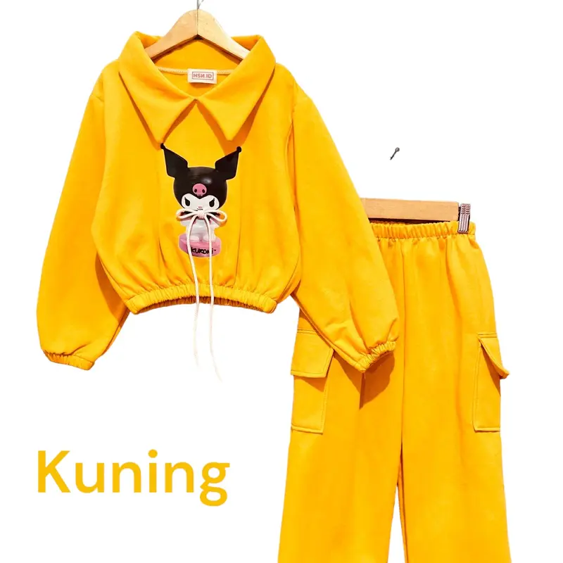 Baju Setelan Sweter Crop Anak Perempuan Gambar Kuromi Viral 3D tali Timbul Celana Cargo usia 2 sampai 12 Tahun 4