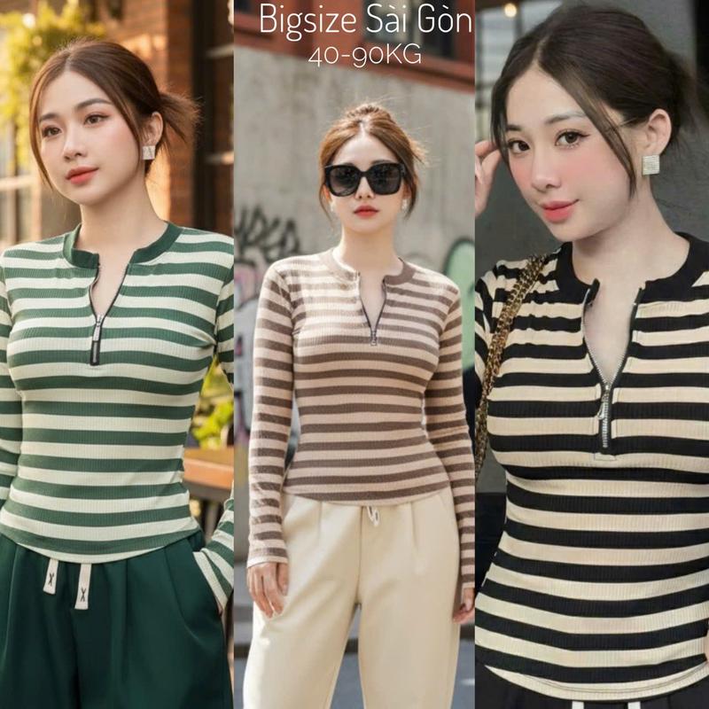  Áo Thun Nữ Tay Dài Phối Cổ Dây Kéo Vải Thun Tăm 45- 90Kg Bigsize Dễ Thương Top Nữ Women - B.1537 