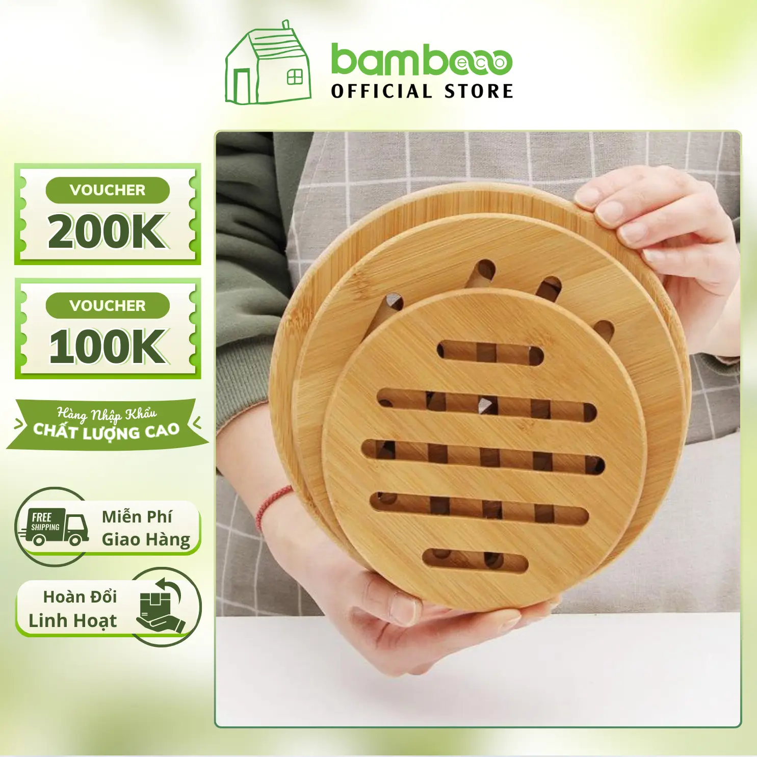 Tấm lót nồi tre cách nhiệt BAMBOOO ECO nhiều kích thước  chống trầy mặt bàn