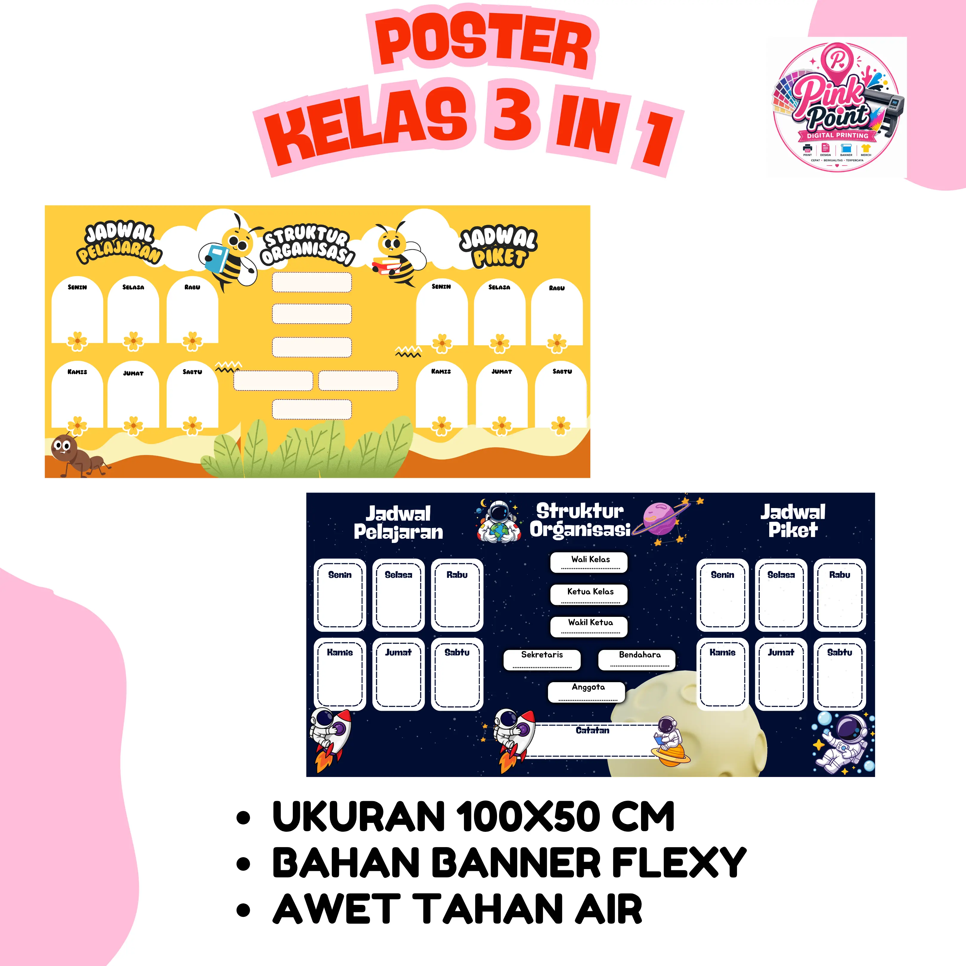 POSTER KELAS 3 IN 1 LENGKAP - JADWAL PELAJARAN JADWAL PIKET STRUKTUR ORGANISASI KELAS - UKURAN 100X50 CM BAHAN BANNER