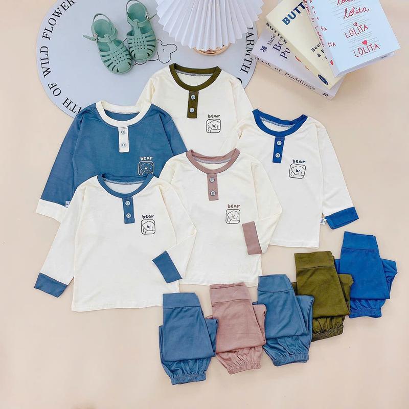 Bộ dài tay cổ trụ BEAR thun lạnh Hs cho bé 4 đến 15kg