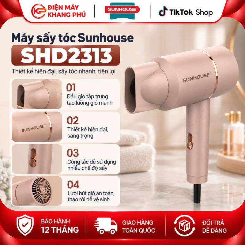 Máy sấy tóc Sunhouse SHD2313 - Công suất 1000W - 2 tốc độ, 3 mức nhiệt - Tay cầm gập gọn - Đầu sấy tháo lắp linh hoạt