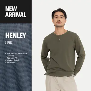 Erigo Long Sleeve Waffle Henley Marcello Olive - Kaos Kancing Lengan Panjang Pria & Wanita