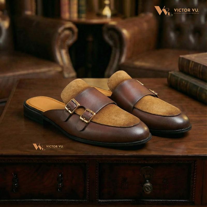 Giày Sục Nam Da Lộn Đai Khuy Hợp Kim Victor Vũ Đế Bằng Cao Cấp Màu Đen & Nâu Size 37-44