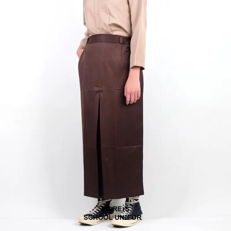Rok Sekolah SMP/SMA/SMK Panjang Pramuka Span Coklat Wanita - Bahan Drill Mengkilap, Resleting Bagus Licin Kain Karet Hitam Kerja Formal Kantor Semi Basic 1