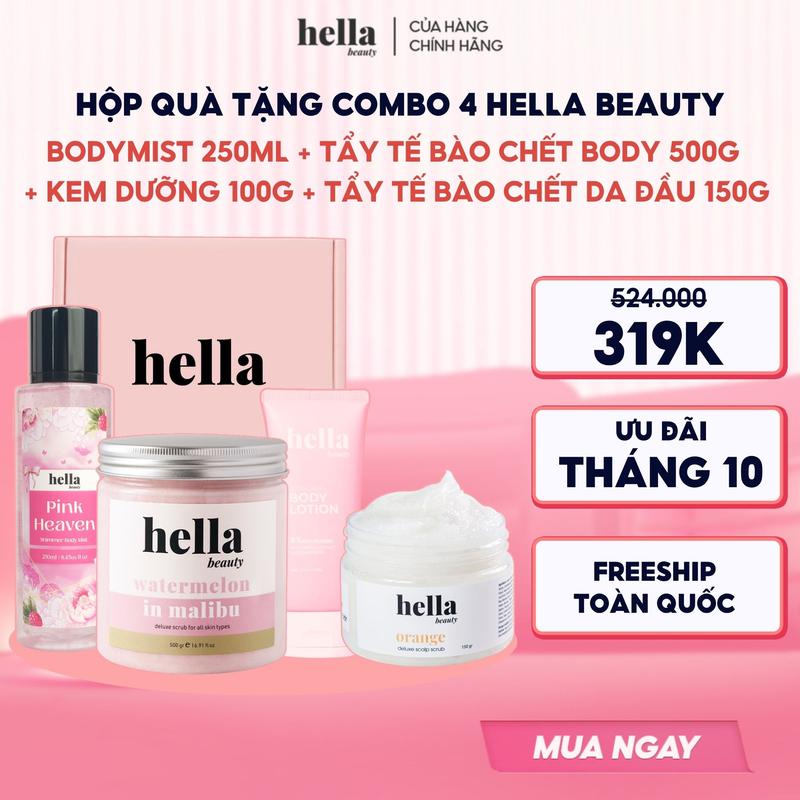 Hộp quà tặng combo 4 món Tẩy tế bào chết body + Bodymist hương nước hoa 250ml + Tẩy tế bào chết da đầu 150g + Kem body 6% Niacinamide 100g