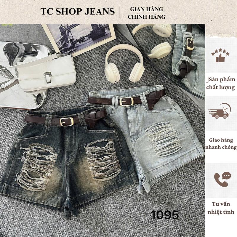 TCSHOPJEANS QUẦN SHORT JEAN NỮ RÁCH BIGSIZE CÓ LÓT KHÔNG LỘ LƯNG CAO XANH RÊU NHẠT MÃ 1095