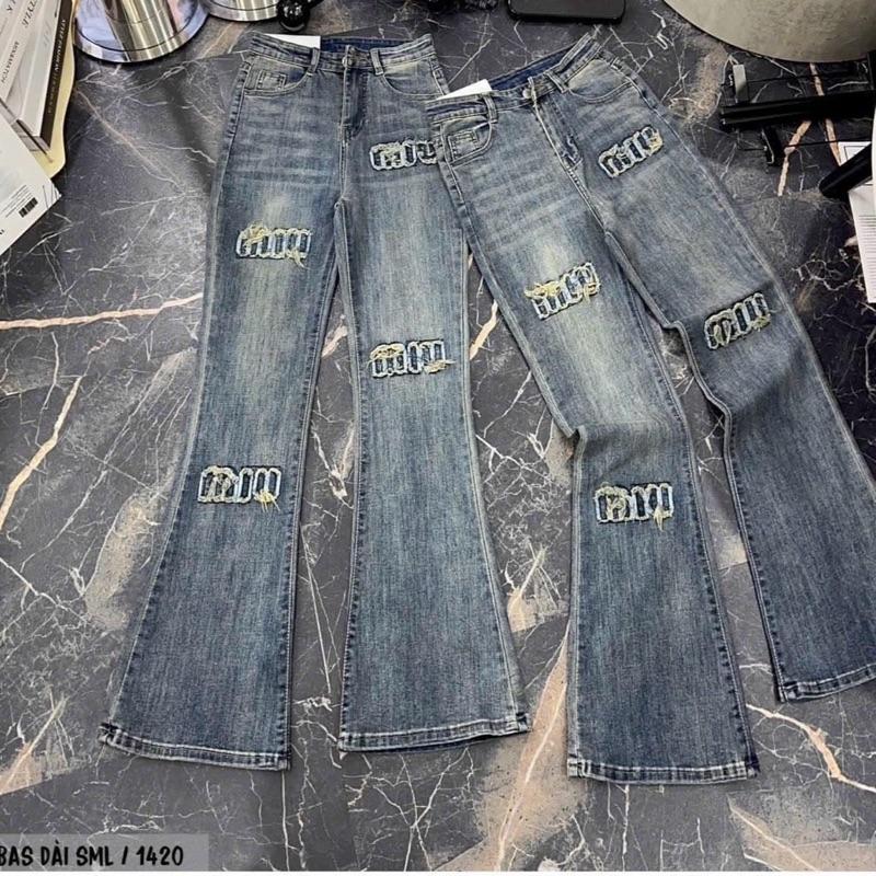 Quần jean loe dài thêu miu xù chất liệu co giãn 0