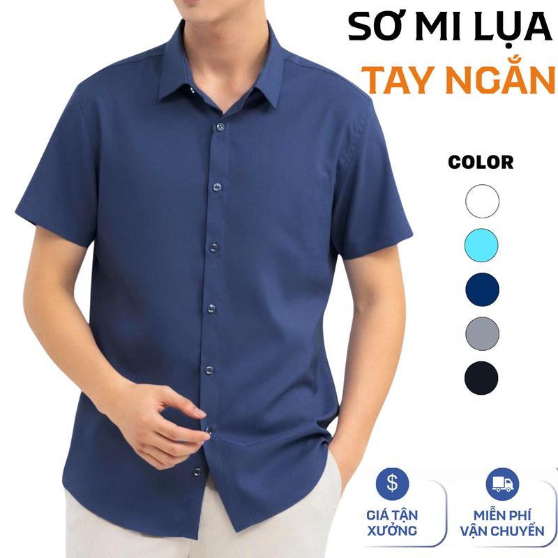  Áo Sơ Mi Nam Ngắn Tay Lụa Cao Cấp Thoải Mái Lịch Sự Cổ Đức Form Thỏa Mái Màu Đen Xám Xanh Đen Trắng 