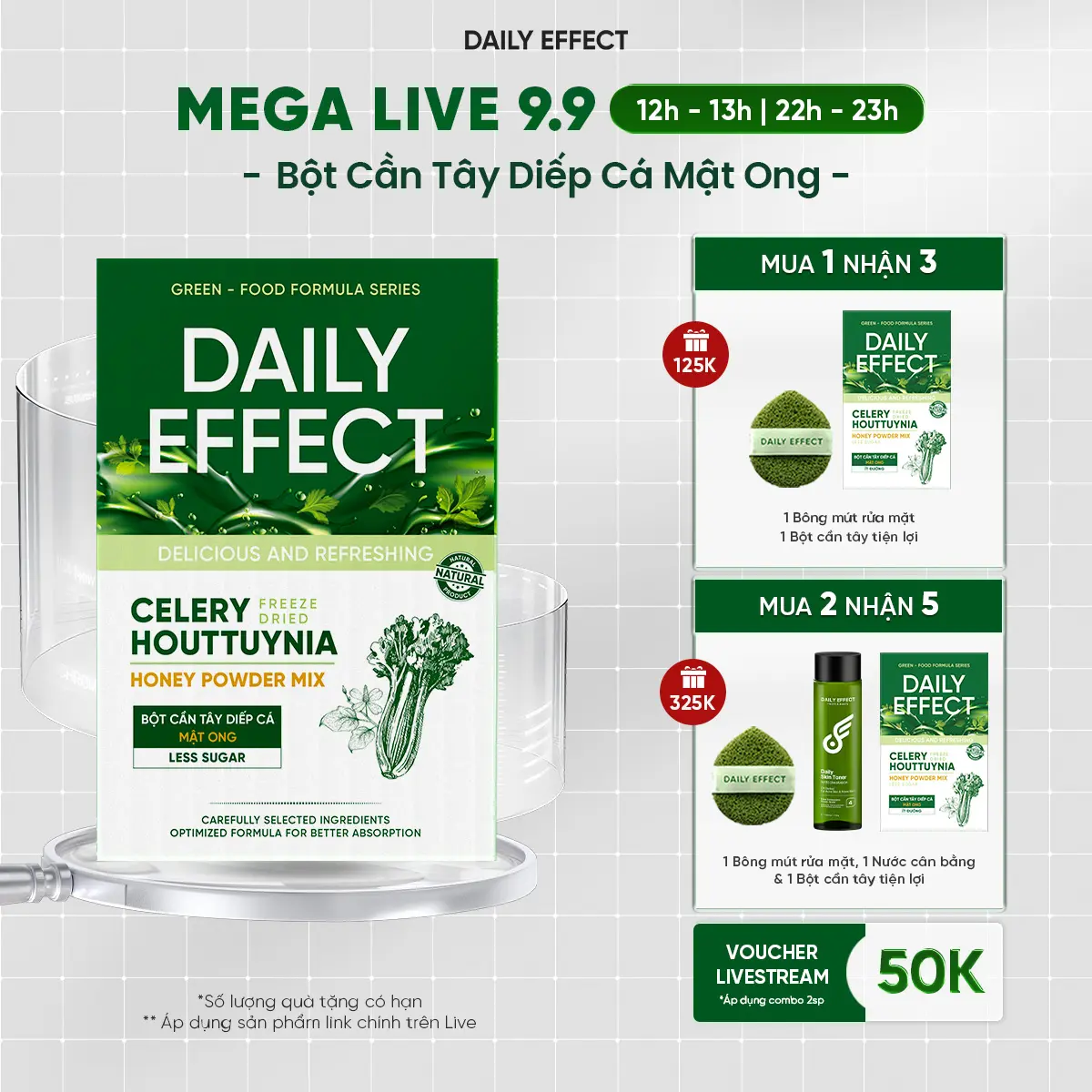 [Deal Live- Kèm Quà] Bột Cần Tây Diếp Cá Mật Ong - DAILY EFFECT Celery Houttuynia Honey Power Mix (Hộp 10 Gói x 4g)