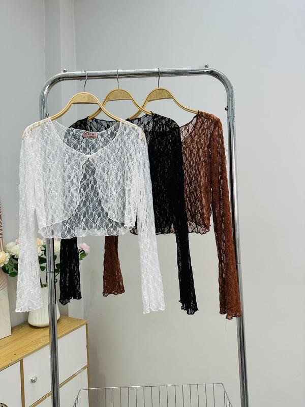 Áo khoác cardigan croptop dài tay nữ vải ren lưới hoa xuyên thấu khoác áo kiểu đầm hở sang chảnh bigsize c5 đen/nâu/ trắng
