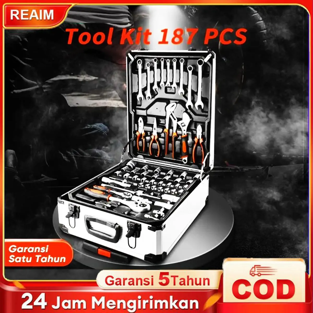 Reaim Tool Kit 187 PCS 1/2 1/4 Inci Kunci Set Socket Wrench Pas Sok Set Car Repair Tool Kunci Inggris